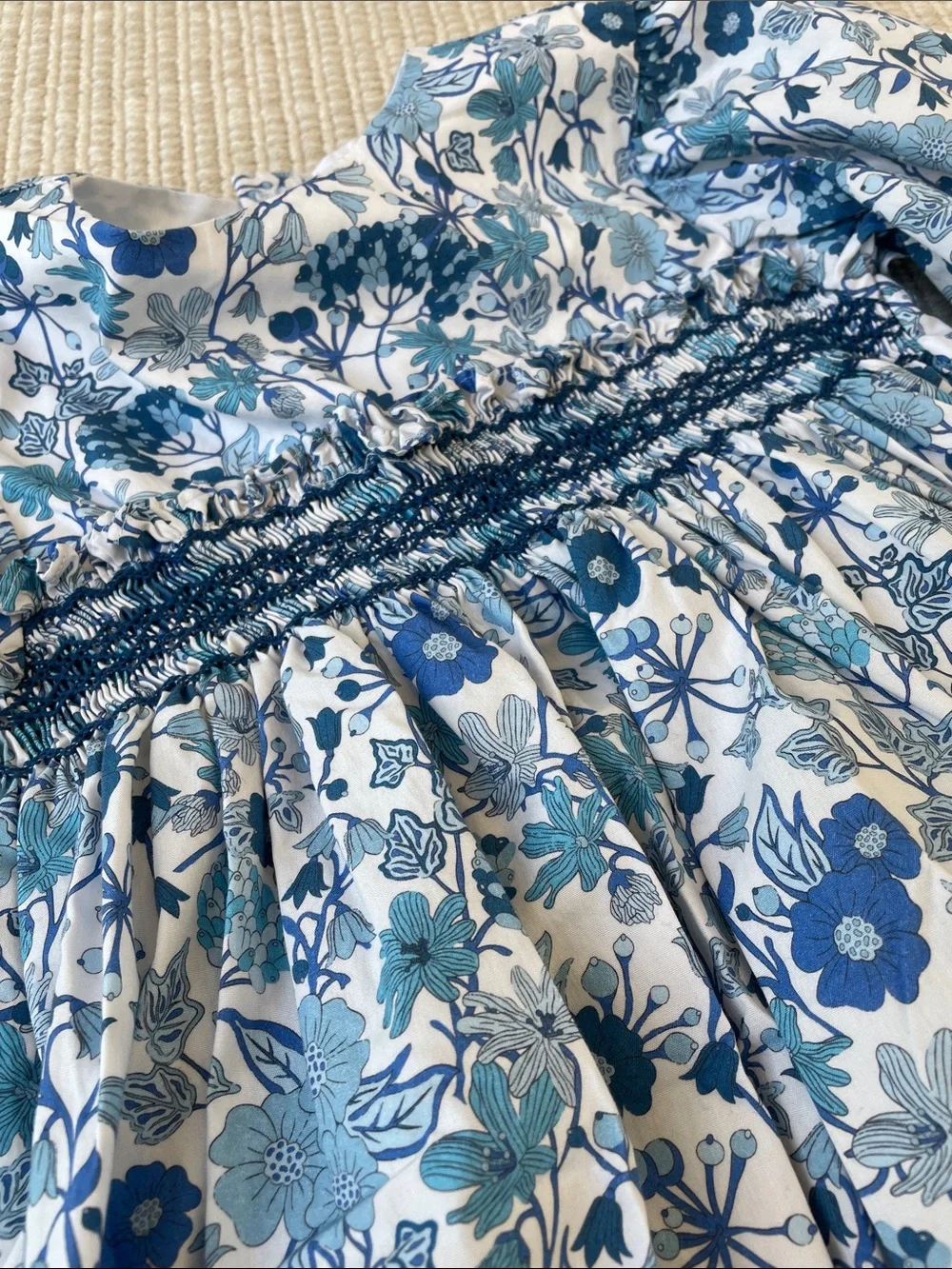 bella bliss Blue Floral Smocked Long-Sleeve Dress